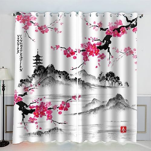 AKATIE Japanischer Stil Gardinen Kinderzimmer 3D Drucken Fenstervorhang Sakura-Zweig Vorhänge Abdunkelnd Blickdichte Schallschutz Gardinen mit Ösen 2er-Pack (140x160 cm) von AKATIE