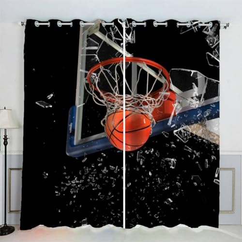 AKATIE Kinderzimmer Vorhänge Basketball Schwarz Fenstervorhang mit ösen Junge Mädchen Schlafzimmer Wohnzimmer Küche Verdunklungsvorhang 2-Set (150x166 cm) von AKATIE