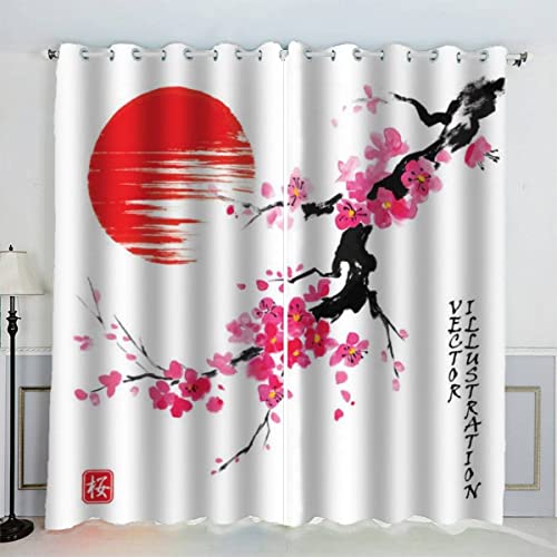 AKATIE Kinderzimmer Vorhänge Japanischer Stil Kirschblütenrote Sonne Fenstervorhang mit ösen Junge Mädchen Schlafzimmer Wohnzimmer Küche Verdunklungsvorhang 2-Set (150x166 cm) von AKATIE