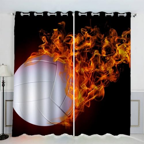 AKATIE Volleyball Gardinen Kinderzimmer 3D Drucken Fenstervorhang Flammen-Volleyball Vorhänge Abdunkelnd Blickdichte Schallschutz Gardinen mit Ösen 2er-Pack (140x160 cm) von AKATIE