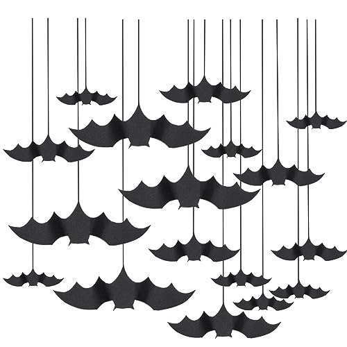 AKH® Halloween-Hänge-Fledermaus-Dekorationen, 20 Stück, Türschnüre, Decke, Papierfledermaus-Dekorationen für Halloween, gruselige Fledermausgirlande mit schwarzer Schnur, von AKH