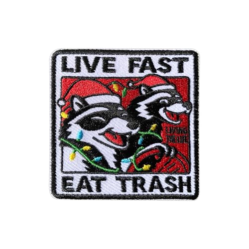 AKIKOPATCH Aufnäher zum Aufbügeln mit Aufschrift "Live Fast Eat Trash Racoon Possum", Größe 7,6 cm, Tier-Patches für Kleidung, Rucksäcke, Hüte, Jeans, Taschen, bestickte Aufnäher, Stoffaufnäher von AKIKOPATCH