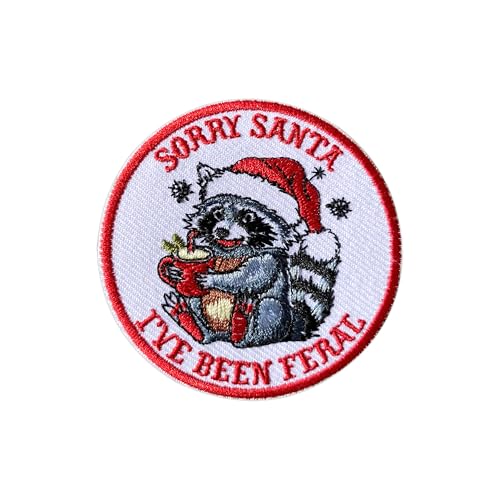 AKIKOPATCH Aufnäher zum Aufbügeln mit Aufschrift "Sorry Santa I've Been Feral Racoon", Größe 7,6 cm, für Kleidung, Rucksäcke, Hüte, Jeans, Taschen, bestickte Aufnäher, Stoffflicken, DIY-Geschenk für von AKIKOPATCH