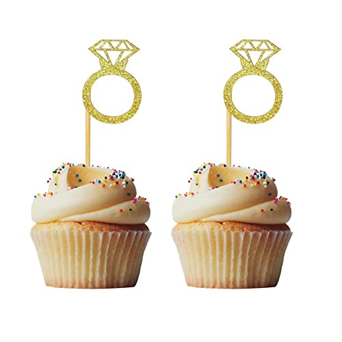 AKOAK 10 Stück glitzernder goldener Liebesdiamantring, Tortenaufsatz, Diamant-Ring, Cupcake-Pick, Hochzeit, Verlobung, einzelne Braut, Bad, Party, Kuchendekoration von AKOAK