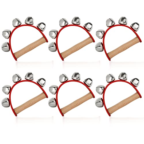 AKOLAFE Schlittenglocken-Instrument, rote Schellen mit 5 Stahlschellen, Holzgriff, Musikalik, Lederband, Musik für Weihnachten, Valentinstag, Basteldekoration, 6 Stück von AKOLAFE