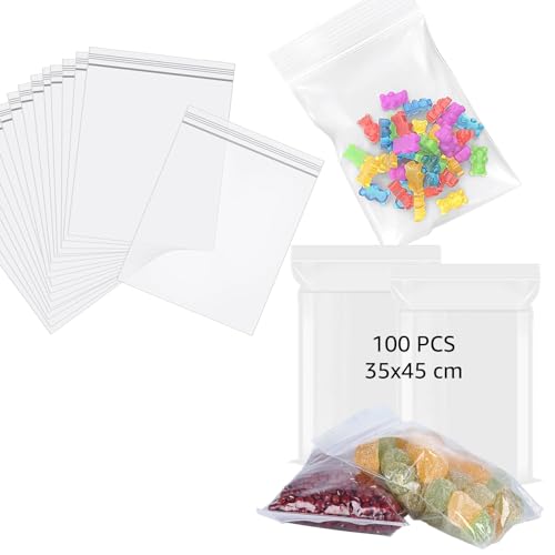 AKOLAFE 100 Stück Zip Beutel Groß Druckverschlussbeutel 350x450 mm Wiederverschließbar Ziplock Beutel Verschließbar Plastiktüten Durchsichtig Kunststoffbeutel für Lebensmittel Werkzeuge, Kühlung von AKOLAFE