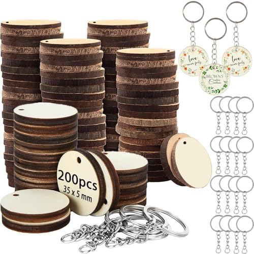 AKOLAFE 200 Stück 5mm Dick Runde Holzscheiben mit Loch 35mm Lang Baumscheiben Kleine Holzscheiben zum Basteln mit Schlüsselanhänger Holzplättchen Rund Natürlich Baumscheibe für DIY Geburtstag Hochzeit von AKOLAFE
