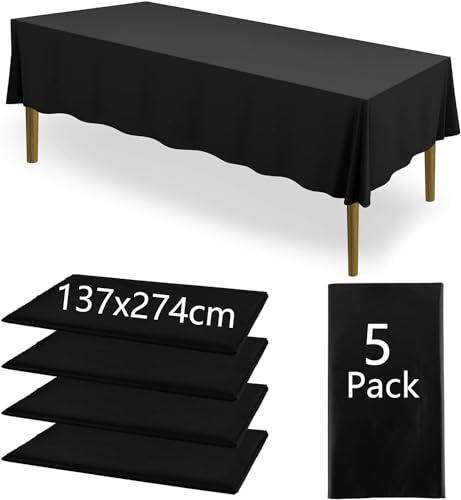 AKOLAFE 5 Stück Tischdecke Schwarz 137x274cm Kunststoff Rechteckig Tischdecke Plastik Wasserdicht Tischdecke Abwaschbar für Party, Picknick, Weihnachten, Geburtstag von AKOLAFE