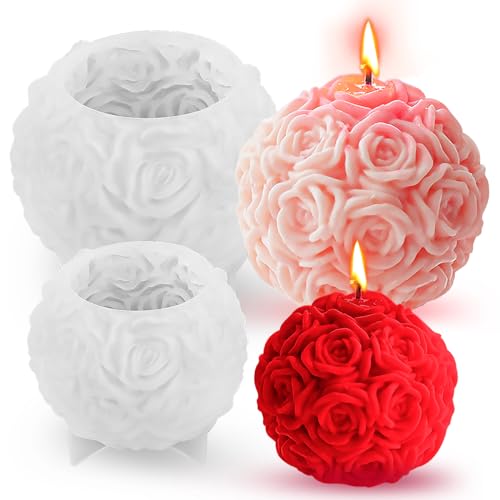 2 Stück Rosenkugel Kerzenform, Silikonformen Gießformen, Kerzen Selber Machen Set, 3D Rosen Blumen Kerzenformen zum Gießen, Kerzen Formen Silikon für DIY Duftkerze Ornamente Geschenk von AKONE