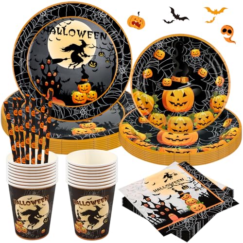 AKONE Halloween Party Partygeschirr Set, Halloween Geschirr, Halloween Tischdeko mit Halloween Pappteller Becher Servietten Tischdecke Banner, Halloween Deko Set für Kinder (20 Gäste) von AKONE