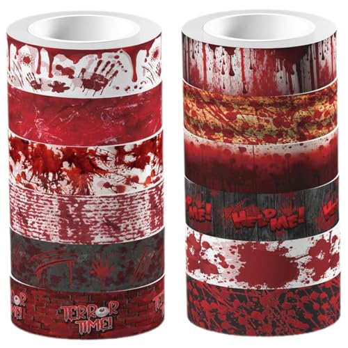 AKOOSY 12 Rollen Halloween Washi Tape mit Blutigen Motiven Selbstklebendes DIY Bastelband Transparentes Scrapbooking Klebeband Einfach Abreißbar für Kreative Dekorationen und Handarbeiten von AKOOSY