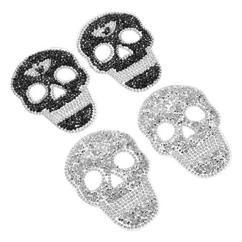 AKOOSY 4 Stück Teiliges Strass Schädel Aufbügler Resin Rhinestone Patches zum Aufbügeln DIY Bekleidungs und Taschen Dekoration Langlebig Silber und Schwarz Einfach Anzubringen von AKOOSY