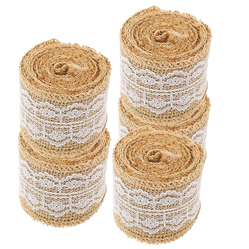 AKOOSY 5 Rollen Jute Spitzenband Dekoratives Spitzenband in Naturfarben Reißfestes Bastelband zum Nähen und Geschenkverpacken Langlebiges Juteband mit Glatter Oberfläche für Hochzeit und von AKOOSY