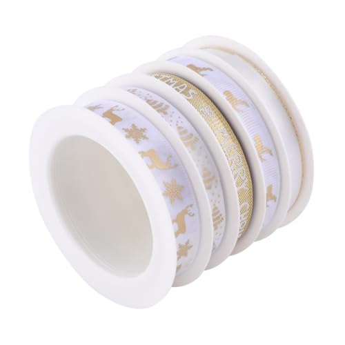 AKOOSY 5 Rollen Teiliges Weihnachts Geschenkband Breit Lang Bedrucktes Dekoband in Weiß und Gold Strapazierfähiges Vielseitiges Ornament Band für DIY Basteln und Festliche Verpackungen von AKOOSY