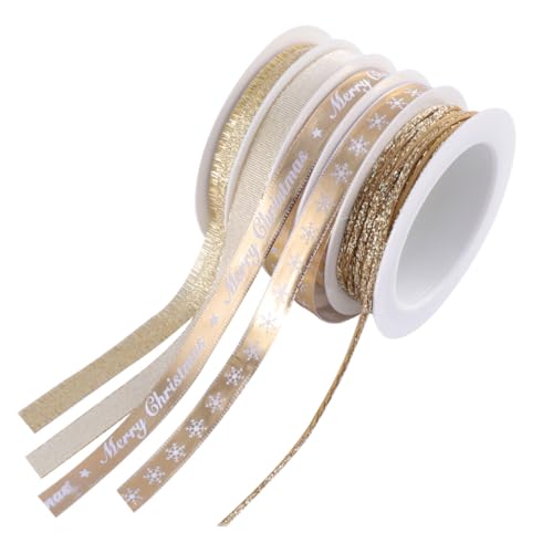AKOOSY 5 Rollen Weihnachtsband Goldene Dekorative Geschenkband mit Weihnachtsdruck für DIY Basteln Partydeko Geschenkverpackung und Festliche Schleifen von AKOOSY