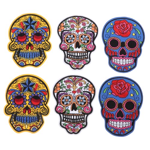 AKOOSY 6 Stück Totenkopf-patch Halloween-thema-patches Applikationen Dekoration Punk-aufnäher Für Jacken Dekorativer Aufnäher Mit Totenkopf Drinnen Stoff-polyester-vliesstoff von AKOOSY