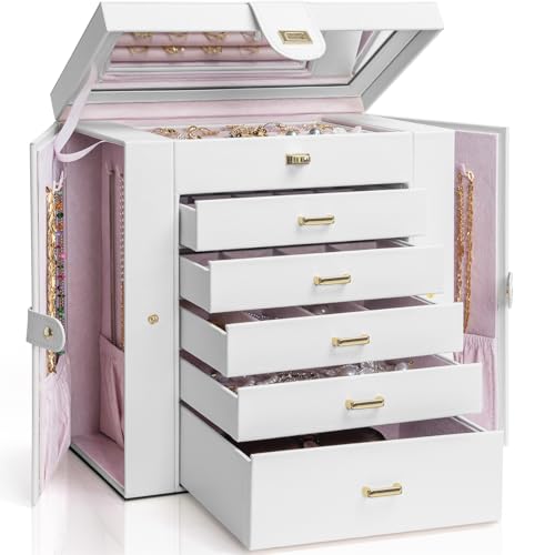 AKOZLIN Extra große Schmuckschatulle mit 6 Ebenen, Organizer mit Spiegel, 5 Schubladen, Leder-Schmuck-Aufbewahrungsbox für Damen, Mädchen, Ringe, Halsketten, Ohrringe, Armbänder, Weiß AKOZLIN Extra große Schmuckschatulle mit 6 Ebenen, Organizer mit Spiegel, 5 Schubladen, Leder-Schmuck-Aufbewahrungsbox für Damen, Mädchen, Ringe, Halsketten, Ohrringe, Armbänder, Weiß von AKOZLIN