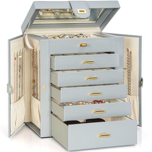 AKOZLIN Große Schmuckschatulle, Organizer, funktional, abschließbar mit großem Spiegel, Leder-Schmuck-Aufbewahrungsbox für Damen, Mädchen, Ringe, Halsketten, Ohrringe, Armbänder, Organizer, Grau AKOZLIN Große Schmuckschatulle, Organizer, funktional, abschließbar mit großem Spiegel, Leder-Schmuck-Aufbewahrungsbox für Damen, Mädchen, Ringe, Halsketten, Ohrringe, Armbänder, Organizer, Grau von AKOZLIN