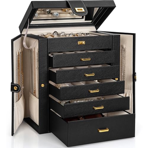 AKOZLIN Große Schmuckschatulle, Organizer, funktional, mit großem Spiegel, Leder-Schmuck-Aufbewahrungsbox für Frauen und Mädchen, Ring-, Halsketten-, Ohrring-, Armband-Halter, Organizer AKOZLIN Große Schmuckschatulle, Organizer, funktional, mit großem Spiegel, Leder-Schmuck-Aufbewahrungsbox für Frauen und Mädchen, Ring-, Halsketten-, Ohrring-, Armband-Halter, Organizer von AKOZLIN