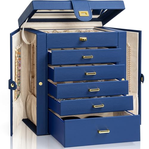 Akozlin Große Schmuckschatulle, funktional mit großem Spiegel, Leder-Schmuck-Aufbewahrungsbox für Damen, Mädchen, Ringe, Halsketten, Ohrringe, Armbänder, Organizer, blau Akozlin Große Schmuckschatulle, funktional mit großem Spiegel, Leder-Schmuck-Aufbewahrungsbox für Damen, Mädchen, Ringe, Halsketten, Ohrringe, Armbänder, Organizer, blau von AKOZLIN