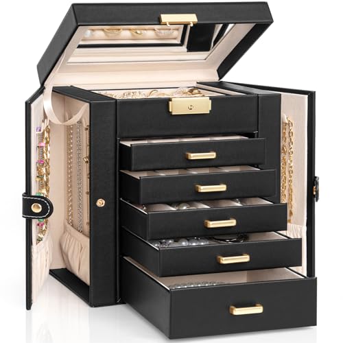 AKOZLIN Große Schmuckschatulle mit 6 Ebenen, abschließbar, Leder, Schmuck-Aufbewahrungsbox mit 5 Schubladen, für Damen, Mädchen, Ringe, Halsketten, Ohrringe, Armbänder, Organizer mit Spiegel von AKOZLIN