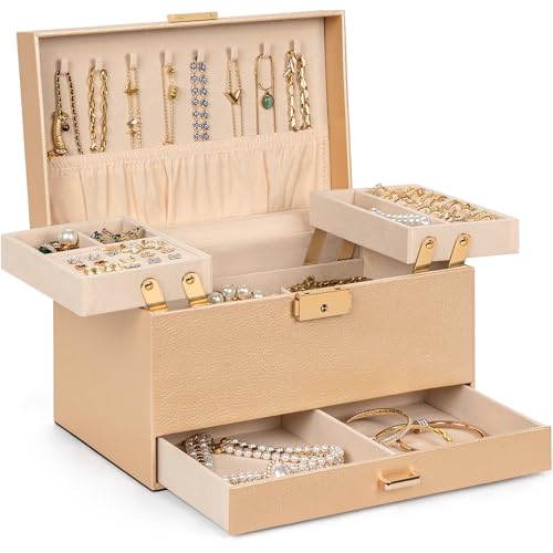 AKOZLIN Reise-Schmuckschatulle, Organizer, funktional, 2 Ablagen, Leder-Schmuck-Aufbewahrungsbox mit abschließbarer tragbarer Schublade für Damen, Mädchen, Ringe, Halsketten, Ohrringe, Armbänder AKOZLIN Reise-Schmuckschatulle, Organizer, funktional, 2 Ablagen, Leder-Schmuck-Aufbewahrungsbox mit abschließbarer tragbarer Schublade für Damen, Mädchen, Ringe, Halsketten, Ohrringe, Armbänder von AKOZLIN