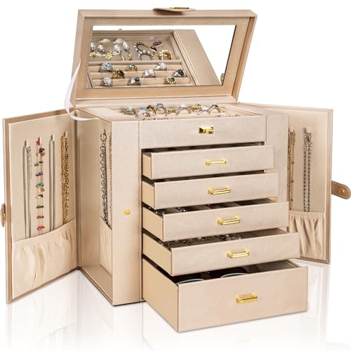 AKOZLIN Riesige Schmuckschatulle, Organizer, funktional, extra groß, Leder, Schmuck-Aufbewahrungsbox für Damen, Mädchen, Ringe, Halsketten, Ohrringe, Armbänder, Organizer mit Spiegel von AKOZLIN