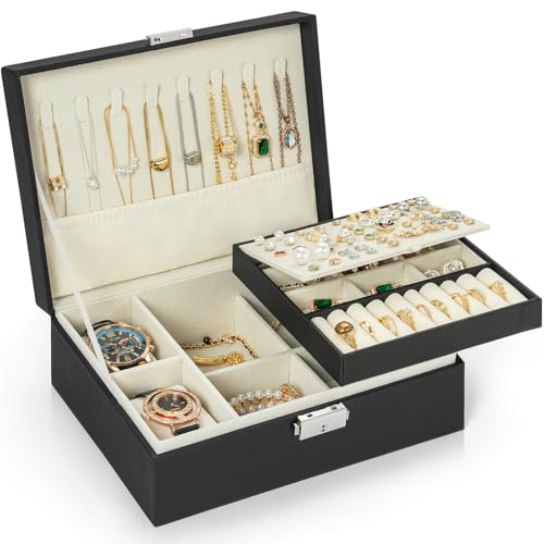 AKOZLIN Schmuck-Organizer-Box, 2-lagig, Schmuck-Reiseetui für Damen und Mädchen, PU-Leder, weiches Futter, tragbare Schmuckschatulle mit Schloss für Ringe, Ohrringe, Halsketten, Armbänder, Uhren AKOZLIN Schmuck-Organizer-Box, 2-lagig, Schmuck-Reiseetui für Damen und Mädchen, PU-Leder, weiches Futter, tragbare Schmuckschatulle mit Schloss für Ringe, Ohrringe, Halsketten, Armbänder, Uhren von AKOZLIN