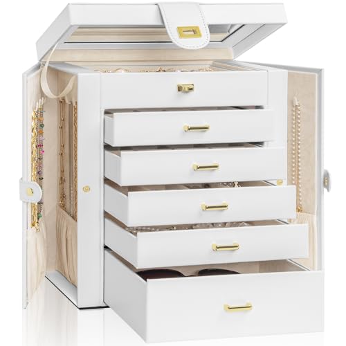 Akozlin Große Schmuckschatulle, funktional mit großem Spiegel, Leder-Schmuck-Aufbewahrungsbox für Damen, Mädchen, Ringe, Halsketten, Ohrringe, Armbänder, Organizer, weiß Akozlin Große Schmuckschatulle, funktional mit großem Spiegel, Leder-Schmuck-Aufbewahrungsbox für Damen, Mädchen, Ringe, Halsketten, Ohrringe, Armbänder, Organizer, weiß von AKOZLIN