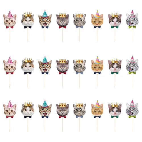 Cupcake-Topper mit Katzenmotiv, 24 Stück, niedliche Kätzchen-Kuchendekorationen für Geburtstag, Babyparty und Partyzubehör (8 Stile) von AKSIQIOL