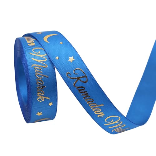 Eid Mubarak Band, 9,1 m, Blau und Gold, Satin-Geschenkband für Eid-Dekorationen, Partygeschenke, Süßigkeitentüten und muslimische Feiern Eid Mubarak Band, 9,1 m, Blau und Gold, Satin-Geschenkband für Eid-Dekorationen, Partygeschenke, Süßigkeitentüten und muslimische Feiern von AKSIQIOL