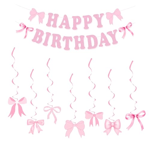 Rosa Schleife, Geburtstagsparty-Dekorationen, rosa Schleife, Banner und hängende Wirbel für Mädchen, Frauen, Babypartys, Themenparty-Dekoration (Rosa) von AKSIQIOL