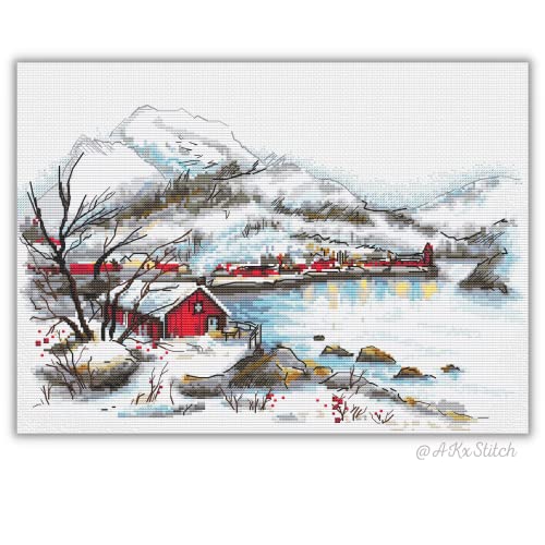 Kreuzstich-Set, Motiv: Winter-Island, friedliche Stille Landschaft, Stickmuster von niedlichem Dorf auf See, Berge, rote Häuser Kreuzstich-Set, Motiv: Winter-Island, friedliche Stille Landschaft, Stickmuster von niedlichem Dorf auf See, Berge, rote Häuser von AKxStitch