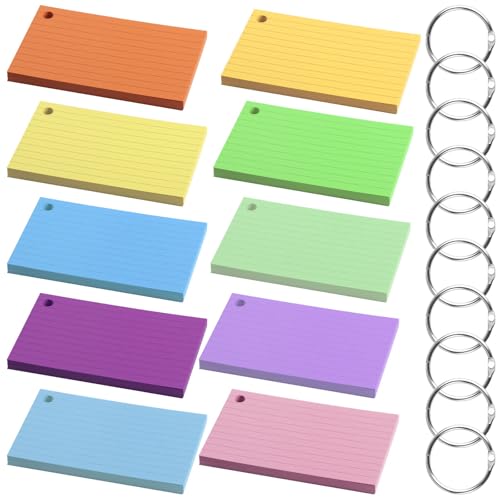 10 Stück/400 Blatt Karteikarten A7, Karteikarten Liniert, Lernkarten, Vokabelkarten Flashcards, Bunt Flash Cards mit 10 Metall Binderinge für Schule, Büro, Zuhause, Notizen, Lernen - 10 Farben von ALAHUGYEF