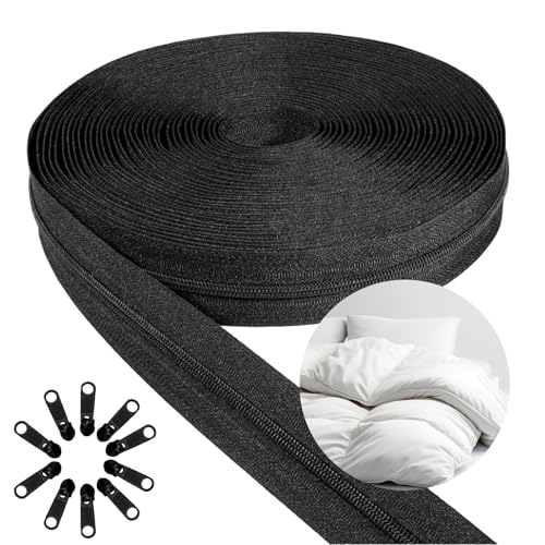 Endlosreißverschluss mit Zipper, Endlos Reissverschluss mit Zipper, Metall Reißverschluss Endlos, 10m Lang 2,5 cm breit Endlosreissverschluss für Bettwäsche Kleidung Meterware mit 10 Endstück,Schwarz von ALAHUGYEF