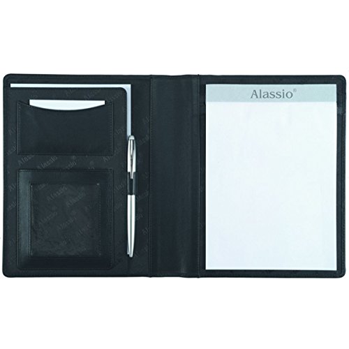 Alassio 43004 - Schreibmappe A5 BORMIO aus Lederimitat, Dokumentenmappe schwarz, Konferenzmappe ca. 23 x 18 x 2 cm, Mappe für A5 Dokumente, mit Block und A5 Einschubfach von ALASSIO