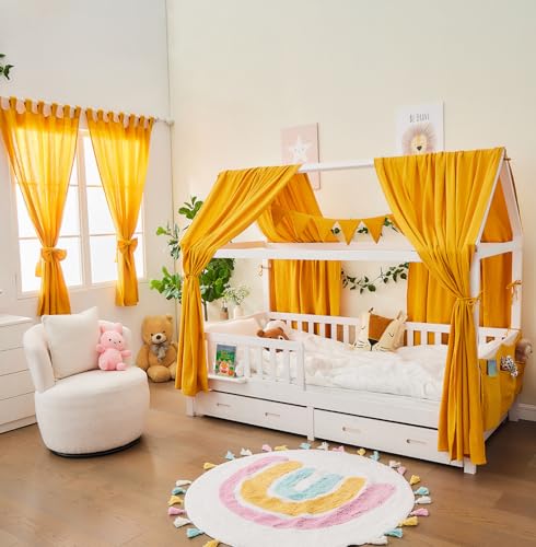 ALAVYA HOME® Vorhang Komplett Set mit Hausbett DEKO I Schlaufen (2 St) 100% Bio-Musselin Baumwolle I Vorhänge 100 x 150 cm Kurz 2er-Set für Kinderzimmer (Baumwolle, Senfgelb) von ALAVYA HOME