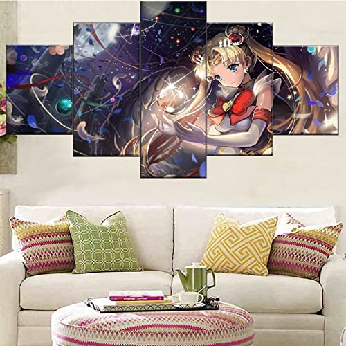 Leinwandbild 5 Tlg Kunstdruck Stück Wandkunst Leinwand Malerei Animation Sailor Moon Poster Moderne Wohnzimmer Dekoration Schlafzimmer Modular Bild Home,Rahmenlos,40X60Cmx2 40X80Cmx2 40X100Cmx1Stück von ALBVLE