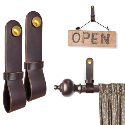 ALEACAR Premium Gardinenstangenhalter aus Leder – Boho-dekorative Wandhalterungsgurte für Vorhänge, Handtücher, Ruder und mehr (2 Stück, Schokolade) von ALEACAR