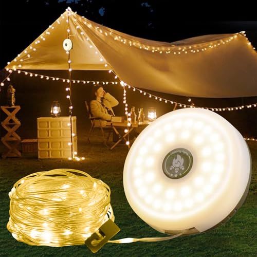 ALEENFOON 10m Camping Lichterkette Außenlichterketten mit 8 Beleuchtungsmodi, Aufrollbar Tragbare Camping Lichterkette USB-C Aufladen für Camping, Hof, Garten und Wandern von ALEENFOON