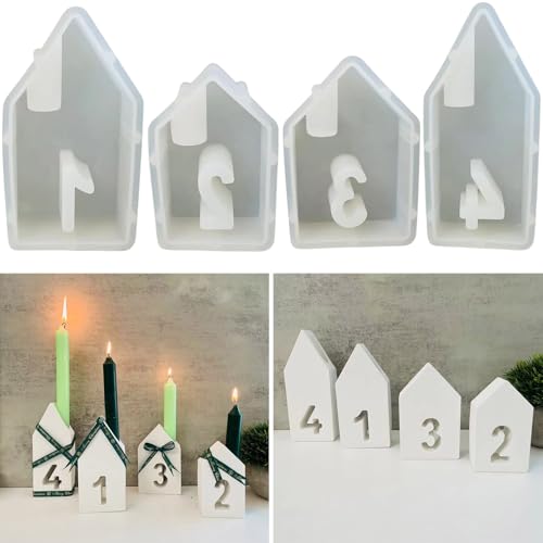 ALEFBET Silikonform Haus Kerzenhalter, 4 Stück Silikonformen Gießformen Haus, Silikonformen Haus Zahlen 1-4, Silikon Gießform Häuser Gipsformen zum Gießen von ALEFBET