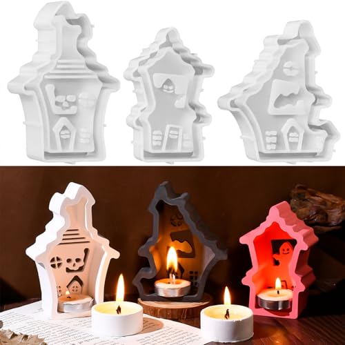 ALEFBET 3 Stück Silikonform Halloween Haus,Silikonformen Gießformen Haus, Silikonform Kerzenhalter Mini,Silikon Gießform Kerzenhalter Spukhaus,Gipsformen zum Gießen D5596 von ALEFBET