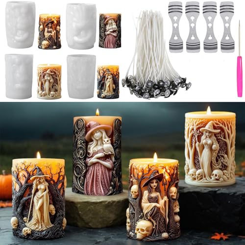 ALEFBET Silikonform Halloween Kerzen,Silikonformen Gießformen Kerzen,Kerzenformen zum Gießen,Halloween Kerzen Selber Machen Set,Kerzengießformen mit Dochten und Bastelwerkzeug YZ73W von ALEFBET