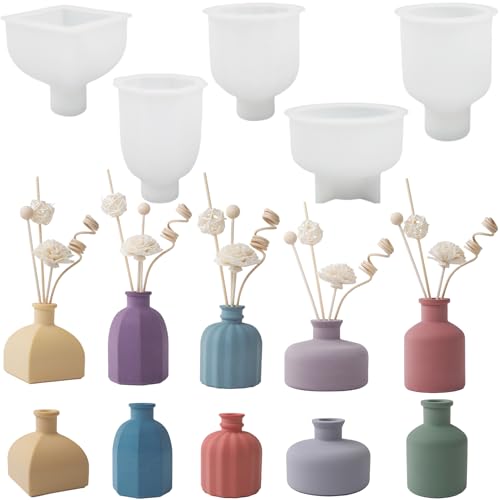 ALEFBET Silikonform Vase Aromatherapie Diffusor, Silikonformen Gießformen Vase, Silikon Gießform Vase, Gipsformen zum Gießen, Epoxidharz Formen Vase 5 Stück von ALEFBET