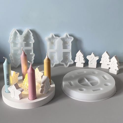 ALEFBET Silikonform Weihnachten,Silikonform Kerzenhalter Weihnachtsbaum und Stern mit den Zahlen 1–4,Silikonformen Gießformen Weihnachten,Silikon Gießform Kerzenhalter für Stabkerzen X1110 von ALEFBET