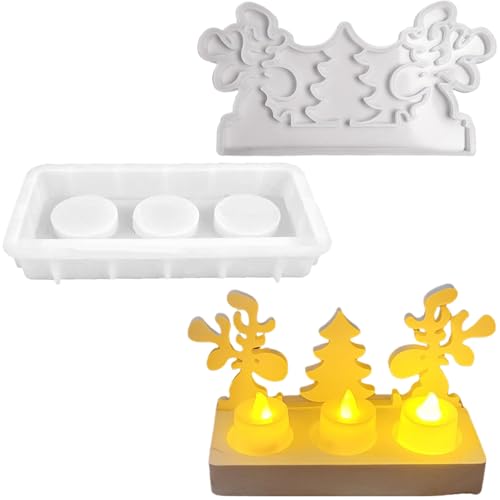 ALEFBET Silikonformen Gießformen, Weihnachten Silikonform Kerzenständer Set, DIY Kerzenhalter Gießform Weihnachten Gipsformen zum Gießen（Elch und Weihnachtsbaum） von ALEFBET