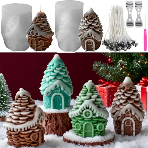 ALEFBET Silikonformen Kerzen Weihnachten,Weihnachtshaus Kerzenformen zum Gießen,Weihnachten Kerzen Selber Machen Set,Kerzengießformen Mit Dochten und Bastelwerkzeug J-5292 von ALEFBET