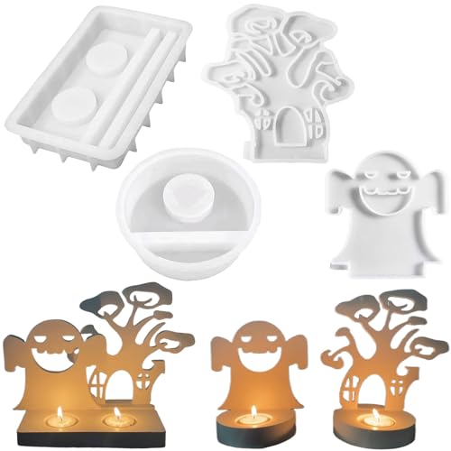ALEFBET Silikonformen Gießformen, Silikonform Kerzenhalter Halloween, Kerzenhalter Teelichter DIY Set für Halloween Deko (Geist und Baum) von ALEFBET