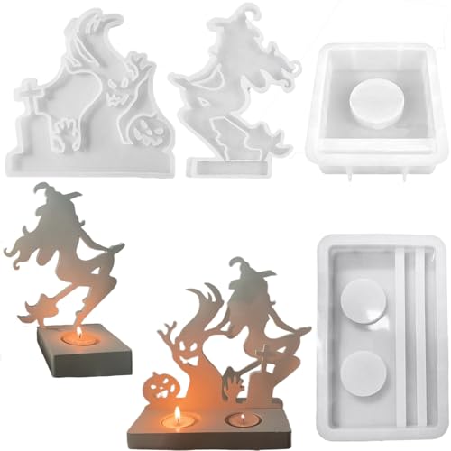 Silikonformen Gießformen, Silikonform Kerzenhalter Halloween, Kerzenhalter Teelichter DIY Set Erwachsene für Halloween Deko (Teufelsbaum und Hexe auf Besenstiel) von ALEFBET