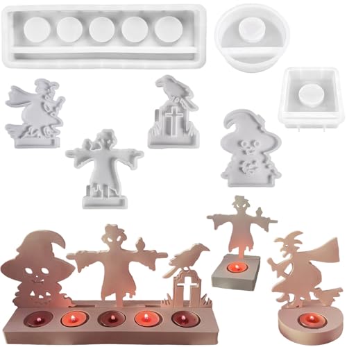 ALEFBET Silikonformen Gießformen, Silikonform Kerzenhalter Halloween, Kerzenhalter Teelichter DIY Set Erwachsene für Halloween Deko (Vogelscheuche auf dem Friedhof) von ALEFBET